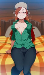 1girls 2d bed big_breasts blush body_freckles boots bottomwear breasts breasts_apart brown_hair cleavage clothing disney earrings female female_focus female_only flannel footwear freckles gravity_falls green_eyes hat headwear inner_sideboob inviting jcm2 jeans light-skinned_female light_skin long_hair looking_at_viewer nipple_bulge no_bra pale-skinned_female pale_skin pillow red_hair redhead seductive sheets sitting smile solo solo_female straight_hair sweat ushanka wendy_corduroy