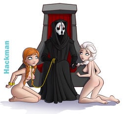 1boy 2girls anna_(frozen) arms_behind_back ass auburn_hair bioware blue_eyes bondage bound braided_hair collar crossover darth_nihilus disney elsa_(frozen) enslaved_royal female femsub frozen_(film) hackman hair_grab harem harem_girl kneeling knights_of_the_old_republic large_breasts leash long_hair lucasfilm maledom mask multiple_girls multiple_subs naked nipples nude nude_female platinum_blonde_hair pulling_hair sisters sith sith_lord slave slave_collar slavegirl star_wars submissive_female throne wrist_cuffs