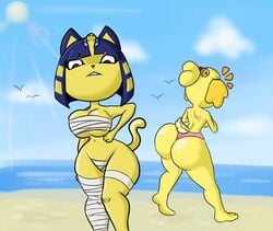 2girls alternate_breast_size animal_crossing ankha anthro armpits ass bandages beach big_ass big_breasts black_eyes blonde_hair blue_fur blue_hair canine feet feline furry isabelle_(animal_crossing) nintendo revealing_clothes sand slopster! tail teeth thick_thighs thigh_gap topless underboob wide_hips yellow_fur