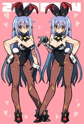 2girls android animal_ears bangs breasts bunny_ears bunnysuit cleavage easter enotou_(enotou_moi) gloves high_heels highleg highleg_leotard large_breasts latex leotard long_hair looking_at_viewer multiple_girls nintendo orange_eyes pantyhose poppi_(xenoblade) poppi_qtpi_(xenoblade) purple_hair robot_joints smile spoilers very_long_hair xenoblade_(series) xenoblade_chronicles_2