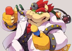 2020 4_fingers anthro bowser bulge clothing cute_fangs doctor dr._bowser dr._mario_(series) erection erection_under_clothing koopa male male_focus male_only mario_(series) necktie nintendo scalie shirosaru shirt simple_background slightly_chubby solo solo_male stethoscope topwear video_games