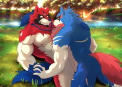 2020 2boys abs anthro anthrofied ass bara blue_fur blush brother brothers canid canine detailed_background duo fur furry gallantzale gay hi_res holding_hands incest interspecies legendary_pokémon male male_only mammal muscular muscular_male nintendo nude pecs penis penis_base pokémon_(species) pokemon pokemon_ss red_body red_fur sibling smile testicles text thick_thighs video_games watermark yaoi zacian zamazenta