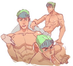 1boy abs blowjob blowjob_face cock_gobble cock_hungry cum_hungry cum_in_mouth disembodied_hand duplicated_character erection erection_under_clothes fellatio forehead_protector gay gay_sex genji giving_head going_down_on green_eyes green_hair holding_penis kaito_draws knob_polishing looking_at_viewer male male/male male_only mouthful ninja nipple_tweak orgasm_from_oral overwatch pecs penis_in_mouth playing_skinflute retracted_foreskin shirtless sucking_off topless unknown_character yaoi young_genji