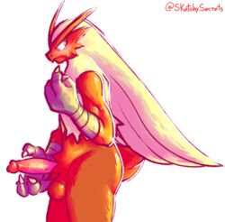 1boy 2020 anthro anthrofied avian beak bird blaziken blush digital_media_(artwork) erection eye_contact feathers fur hair half-closed_eyes hi_res humanoid_genitalia humanoid_penis looking_at_viewer male male_only nintendo nude penis pokemon pokemon_(species) pokemon_rse secrets-from-dark simple_background sketch solo standing testicles text video_games watermark white_background