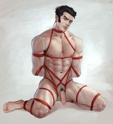 abs after_life asian black_eyes black_hair bondage flaccid genji half-erect male_only muscles muscular muscular_male naked navel ninja nude overwatch penis pubic_hair red_rope rope rope_bondage sideburns solo solo_male tied tied_up veins