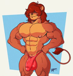 abs anthro balls_outline beard big_penis blue_background bulge clothed clothing facial_hair felid genital_outline genitals hair hair_over_eyes hi_res humanoid_genitalia lion long_hair male male_only mammal muscular muscular_male navel nipples pantherine partially_clothed pecs penis penis_outline pose simple_background smile solo speedo standing swimwear teer thick_thighs topless vein veiny_penis