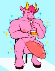 2020 anthro balls biceps big_balls big_biceps big_muscles big_nipples big_penis blue_background bovid cake caprine chair closed_eyes collarbone cutlery digital_media_(artwork) eating erection food fork fur furniture genitals goat growth hair hi_res hooves horn horns huge_cock huge_muscles humanoid_genitalia humanoid_penis hyper hyper_genitalia hyper_muscles hyper_penis kitchen_utensils male male_only mammal muscles muscular muscular_male nipples nude pecs penis pink_body pink_fur pink_hair pink_skin plate pleasure_face simple_background sitting solo sparkles thick_penis toffeethetiger tongue tongue_out tools wide_penis yellow_horns