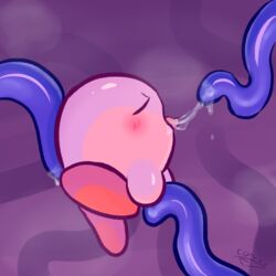 2020 ambiguous_gender blush bodily_fluids breath corvus_m18 cum digital_media_(artwork) genital_fluids kirby kirby_(series) nintendo open_mouth puffball saliva simple_background solo steam tentacle tentacle_sex tongue tongue_out video_games waddling_head