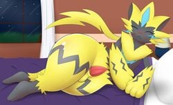 1boy 2018 anthro anthrofied ass bed bedroom blush closed_eyes erection feline fur furniture furry inside lamp legendary_pokémon lying_on_bed male mammal night nintendo nude pandashorts penis pillow pokémon_(species) pokemon pokemon_usm presenting presenting_penis seductive smile solo testicles thick_thighs video_games wide_hips window yellow_body yellow_fur zeraora