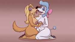 16:9 2020 anthro anthrofied areola big_breasts blonde_hair blue_body blue_fur blue_hair bodily_fluids bow breasts canid canine canis claws crossover curvy_figure disney domestic_dog duo eyebrows eyelashes eyeshadow female female/female fur georgette hair half-closed_eyes hi_res hyenatig_(artist) jungledyret_hugo lips lipstick long_hair makeup mammal mature_female miss_nutzi narrowed_eyes navel nipples old oliver_and_company open_mouth pawpads poodle saliva saliva_drip slightly_chubby smile tongue tongue_out white_body white_fur wide_hips widescreen yuri