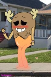 2018 antlers artist_name blush bottomless cartoon_network dialogue embarrassed english_text fairy female genitals gesture hi_res horn humanoid inside mammal nude outside penny_fitzgerald penny_fitzgerald_(peanut) pussy shell smile solo standing teeth text the_amazing_world_of_gumball the_wank_bank thedispenser69 vulva waving wide_hips wings yellow_body