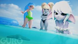 3d 3girls bent_over bikini biting_lip breasts female female_only gribabos gurobase league_of_legends looking_at_viewer multiple_girls one-piece_swimsuit poppy riot_games shortstack swimsuit tristana yordle zoe_(league_of_legends)