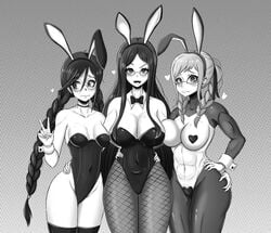 3girls ass_grab big_breasts black_and_white bowtie breast_press breasts bunny_ears bunnysuit cleavage collar danganronpa danganronpa:_trigger_happy_havoc danganronpa_2:_goodbye_despair danganronpa_v3 duke_wintermaul embarrassed female female_focus female_only flat_chest flat_chested fukawa_touko glasses heart_pasties heavy_blush looking_at_viewer muscular muscular_female new_danganronpa_v3 peace_sign pekoyama_peko reverse_bunnysuit shirogane_tsumugi shy socks solo_female straight_hair super_danganronpa_2 twin_braids young_savage