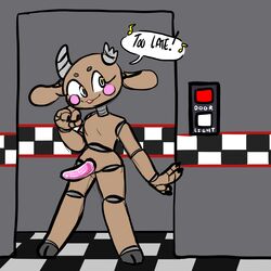 1:1 2020 animatronic anthro bovid bovine breasts brown_body cattle dialogue digital_media_(artwork) english_text erection featureless_breasts five_nights_at_freddy's futa_only futanari genitals gynomorph hi_res horn intersex looking_at_viewer machine mammal manitka manitka_(character) nude open_mouth penis pink_penis robot simple_background smile solo speech_bubble standing teeth text video_games