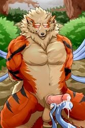 1boy animal_humanoid anthro anthrofied arcanine audiophilliac bara bodily_fluids canine canine_humanoid corruption cum cum_drip cum_on_penis dripping forest fur furry genital_fluids glowing_eyes grass half-closed_eyes hi_res humanoid humanoid_genitalia humanoid_penis hypnosis interspecies kneeling licking licking_lips looking_at_viewer male male_only mammal mammal_humanoid mind_control muscular muscular_male nintendo orange_body orange_fur original_character penis pokemon pokemon_(species) pokemon_rgby ringed_eyes solo submissive submissive_male tentacle tongue tongue_out tree vein veiny_penis video_games yellow_body yellow_fur