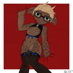 1:1 1boy animal_humanoid asura balls blonde_hair blush brown_body brown_skin clothed clothing collar collar_tag ear_piercing eyewear genitals girly glasses green_eyes guild_wars hair hel-ish hi_res humanoid legwear lingerie looking_at_viewer lying_on_bed male male_only mammal mammal_humanoid mostly_nude name_tag nervous penis piercing presenting ribbons shortstack shy simple_background skin_pattern solo solo_male thigh_highs tight_clothing video_games yorull_(hel-ish)