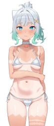 1girl 1girls absurdres armpit_crease bikini blue_eyes blush breasts choker cleavage cowboy_shot densetsu.exe facing_viewer female green_hair groin highres long_hair looking_at_viewer lunarisbloom micro_bikini mint_fantome multicolored_hair navel one-piece_tan side-tie_bikini_bottom simple_background small_breasts solo standing swimsuit tanline two-tone_hair virtual_youtuber wet white_background white_bikini white_hair