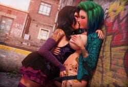 2girls 3d black_hair blue_hair blush breast_grab collar dyed_hair emily_truise emo female female_only freckles goth green_hair heather_truise incest kissing multicolored_hair nail_polish original original_character pierced_nipples piercing rasmus-the-owl siblings sisters tattoo