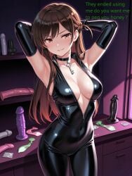1girls ai_generated armpits asukasslave bed bedroom bodysuit cleavage dildo femdom femdom_caption netorare text