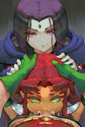 1boy 2girls ai_generated assisted_fellatio blowjob cum cum_bubble cum_in_pussy cum_inside dc dc_comics deepthroat eyes_rolling_back fellatio female gem_on_forehead genitals goth goth_girl grabbing_head looking_at_viewer lucakp male orange_body pants_down patreon patreon_link patreon_reward penis purple_hair raven_(dc) red_hair robin_(dc) simple_background smirk smirking starfire tagme teen_titans