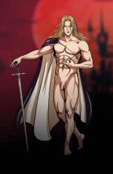 alucard_(castlevania) areolae athletic_male average_penis average_sized_penis barefeet barefoot belly_button biceps bishonen blonde_hair blonde_hair_male cape cape_only castle castle_background castlevania cloak cloak_only cock defined_abs defined_muscles dhampir foreskin front_view full_body full_color full_frontal_nudity genitalia genitals glans holding_sword holding_weapon konami long_hair_male male male_only mostly_naked mostly_naked_male mostly_nude mostly_nude_male muscular_male nipples penis posing posing_with_weapon realistic_penis_size red_sky solo sword tagme_(artist) testicles twunk uncensored uncensored_penis uncircumcised uncircumcised_male uncut urethra vampire video_game_character weapon yellow_eyes