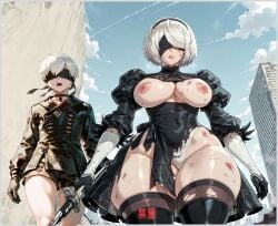 1boy 1girls 9s_(nier:automata) against_wall ai_generated ass bewitching_thighs big_ass big_breasts black_blindfold blindfold blindfolded booty booty_shorts breasts cleavage curvy curvy_female female high_resolution highres large_breasts looking_at_viewer looking_back nier:_automata posing posing_for_the_viewer short_hair short_male skirt square_enix tall_female taller_female thick_thighs video_game video_game_character video_games white_hair yametastudio yorha_2b