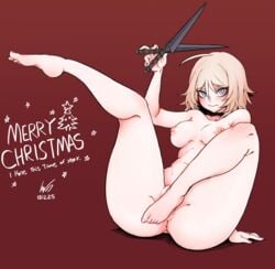 1girls babo big_thighs blonde_hair blue_eyes chris_(babo) feet female_only large_breasts looking_at_viewer nude scissors