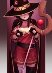 1girl bandaged_leg bandages belt black_belt black_cape black_choker black_gloves black_hair black_thighhighs breasts brown_hair cape choker collar dress dress_pull fingerless_gloves gloves hat holding_staff ishiiyunosuke kono_subarashii_sekai_ni_shukufuku_wo! megumin nipples open_mouth red_dress self_fondle short_hair short_hair_with_long_locks single_thighhigh small_breasts solo staff thighhighs witch_hat