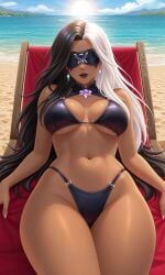 ai ai_art ai_generated alixx_nswf ass beach big_breasts bikini black_hair breasts covered_eyes mask_on_head mixed_hair_color mlbb mobile_legends mobile_legends:_bang_bang pharsa_(mobile_legends) sexy white_hair