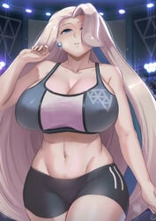 1girls 2020 abs alternate_breast_size alternate_costume alternate_outfit arena armpits audience bare_shoulders being_watched belly bike_shorts blue_eyes blush bra breasts breath cleavage clothed crowd earrings eye_contact female fit gym_leader hair_over_one_eye half-closed_eyes highres huge_breasts human jewelry kakeku lights long_hair looking_at_viewer melony_(pokemon) midriff milf mother muscular muscular_female navel nintendo pearl_earrings platinum_blonde_hair pokemon pokemon_ss public shorts signature sports_bra sportswear stadium teeth text thick_thighs thighs very_long_hair watermark wide_hips