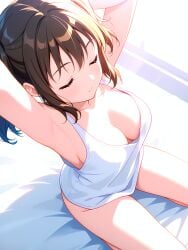 1girl absurd_res absurdres ai-created ai-generated ai_art ai_generated armpits arms_up artist_name athletic_female bangs bare_arms bare_shoulders bed_sheet boobs breasts brown_hair bust chest cleavage closed_eyes closed_mouth collarbone diane_(nanatsu_no_taizai) female fit_female from_above gumtoof hi_res high_quality high_resolution large_breasts long_hair medium_breasts morning nanatsu_no_taizai on_bed patreon seven_deadly_sins shirt sidelocks sitting sleeveless solo stable_diffusion stretching sunlight tagme tank_top the_seven_deadly_sins thighs tits twintails uncensored white_shirt white_tank_top