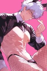 alternate_costume bandaids_on_nipples blush bowtie bunny_ears class_3-z covered_nipples embarrassed fishnets gintama gintoki_sakata glasses looking_away male male_only male_playboy_bunny muscular muscular_male pecs pink_background red_eyes reverse_bunnysuit solo sweatdrop white_hair