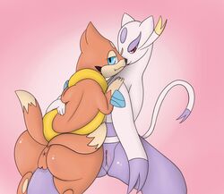 2015 2girls anthro anthrofied anus blue_eyes cuddling dipstick_tail duo female female_only floatzel fur furry half-closed_eyes interspecies looking_at_viewer looking_back mienshao multi_tail multicolored_tail nintendo on_lap orange_body orange_fur otter pandashorts pink_background pokémon_(species) pokemon pokemon_bw pokemon_dppt purple_body purple_fur pussy red_eyes simple_background sitting sitting_on_lap video_games wet whiskers white_body white_fur wide_hips