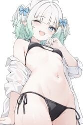 1girl 1girls absurdres bikini black_bikini blue_bow blue_eyes bow breasts commentary cowboy_shot densetsu.exe female from_below gradient_hair green_hair hair_bow hair_ornament highres looking_at_viewer looking_down mint_fantome multicolored_hair navel nyashira one_eye_closed open_clothes open_mouth open_shirt pointy_ears shirt shirt_partially_removed short_hair side-tie_bikini_bottom sleeves_rolled_up small_breasts smile stomach swimsuit two_side_up virtual_youtuber vtuber white_hair white_shirt x_hair_ornament