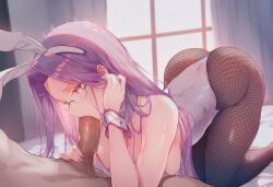 1boy 1girls ai_generated blush bowtie breasts bunny_ears collarbone curtains erection fate/stay_night fellatio fishnets glasses handjob hetero highres indoors large_breasts long_hair looking_at_another lying medusa_(fate) navel nipples nude_male open_clothes oral pantyhose penis purple_eyes purple_hair saliva soft_lighting stormiaart sweat uncensored upper_body wet window