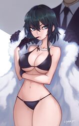 bead_necklace big_breasts black_hair female fubuki_(one-punch_man) gloves green_eyes liyart looking_at_viewer male one-punch_man short_hair straight thick_thighs