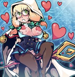 1girls 2d 2d_(artwork) areolae blazblue blazblue:_central_fiction blonde blonde-haired_female blonde_female blonde_hair blonde_hair_female blush_lines blushing breasts breasts_out hearts hood linaciari nipples pantyhose pinup pussy pussy_peek solo solo_female staff steam_clouds sweaty tagme trinity_glassfield vagina