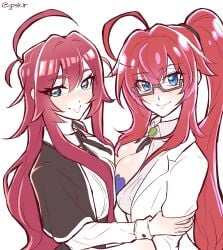 2girls absurdres ahoge antenna_hair artist_name artist_request big_breasts black_ribbon blue_eyes bolo_tie breast_docking breast_press breast_squish breasts brown-framed_eyewear cleavage color_connection commentary cooperative_breast_sucking cosplay costume_switch crossover english_commentary glasses green_eyes hair_between_eyes hair_color_connection hand_on_another's_arm high_school_dxd highres kimi_no_koto_ga_dai_dai_dai_dai_daisuki_na_100-nin_no_kanojo kuoh_academy_school_uniform large_breasts light_blush long_hair long_sleeves look-alike looking_at_viewer multiple_girls neck_ribbon open_clothes open_shirt ponytail red_hair rias_gremory rias_gremory_(cosplay) ribbon semi-rimless_eyewear shirt sidelocks simple_background smile symmetrical_docking trait_connection twitter_username under-rim_eyewear upper_body very_long_hair white_background white_shirt yakuzen_kusuri