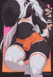 1boy 2026 ai_assisted ai_generated anthro anthro_only balls big_ass big_butt bulge bulge_through_clothing crop_top femboy femboy_hooters flvffxyagi furry furry_only girly green_eyes highres juniper_(flvffxyagi) long_hair male male_only oc original_character peace_sign penis penis_visible_through_clothing raised_leg seductive seductive_look shorts skunk smug thick_tail thick_thighs thighhighs very_long_hair white_hair wide_hips