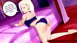 ass bent_over blonde_hair blue_eyes dialogue hair_over_one_eye ino_yamanaka inviting_to_sex kneeling koikatsu looking_at_viewer naruto_(series) panties perfect_idiot ponytail