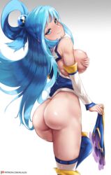 aqua_(konosuba) aqua_eyes aqua_hair armpit_crease armpits ass bare_shoulders blue_eyes blue_hair blue_stockings boots breast_grab breasts covered_nipples covering covering_breasts dat_ass detached_sleeves dress female hair_ornament hand_on_breast heel_boots high_heel_boots huge_ass huge_breasts inviting kilalesi kono_subarashii_sekai_ni_shukufuku_wo! long_hair looking_at_viewer looking_back no_bra no_panties patreon shiny_skin sideboob skirt smiling stockings sweat sweatdrop thick_thighs thigh_boots thighhigh_boots thighhighs undressing white_background