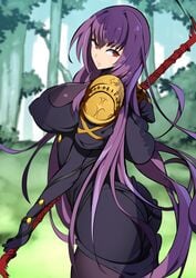 clothed_female fate/grand_order fate_(series) female female_only large_breasts long_hair nac000 nipples nipples_visible_through_clothing purple_hair red_eyes scathach_(fate) servant_(fate) solo solo_female solo_focus