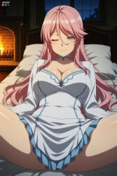 1boy 1girl absurdres adult ai_assisted ai_generated bed big_breasts blue_eyes breasts choker cleavage dress female flare_arlgrande_jioral hair_between_eyes heeven highres indoors kaifuku_jutsushi_no_yarinaoshi large_breasts long_hair looking_at_viewer lying male mature night on_back on_bed one_eye_closed patreon patreon_username perfect_body pillow pink_hair sensitive sky smile solo spread_legs star_(sky) thighs uncensored white_dress window