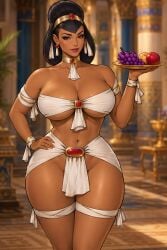1girls ai_generated arm_wraps belly_button black_hair black_outline brown_eyes caramel-skinned_female chatgpt choker cleavage earrings egyptian egyptian_clothes egyptian_female egyptian_headdress eyelashes eyeshadow female fruit gem gold_trim hair_decoration hand_on_hip headdress holding_fruit holding_plate hourglass_figure large_breasts lipstick looking_at_viewer luxury mature_female midriff narrow_waist necklace no_panties one_hand_on_hip pelvic_curtain pelvic_line revealing_clothes rgomez007 royalty seductive_look self_upload skimpy skimpy_clothes skindentation smiling_at_viewer solo_female standing thick_eyelashes thick_lips thick_thighs tied_hair underboob updo voluptuous warm_colors warm_lighting wide_hips wrappings wrist_wraps