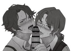 2boys artist_request bar_censor blush blushing blushing_at_viewer blushing_male censored censored_penis clothed_male_nude_male dark-skinned_male digital_media_(artwork) double_fellatio double_team eye_contact eyebrow_slits gay gay_sex glasses gregor_(limbus_company) hand_on_penis heathcliff_(limbus_company) highres holding_penis honestly_quite_incredible imminent_blowjob imminent_fellatio imminent_oral imminent_sex licking licking_penis limbus_company long_hair long_hair_male long_haired_male looking_at_viewer male_focus male_only mature_male monochrome more_at_source mouth_open multiple_boys open_mouth pale-skinned_male penis penis_out project_moon retracted_foreskin scars scars_all_over sweat sweatdrop tied_hair tongue_out useless_censoring