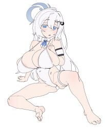 1girls barefoot big_breasts blue_archive blue_eyes breasts cleavage female female_only gya_rb hair_between_eyes halo huge_breasts light-skinned_female light_skin navel_visible_through_clothes skindentation solo swimsuit thigh_strap white_hair