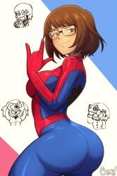 1girls ass ass_focus big_ass big_breasts bodysuit breasts brown_eyes brown_hair camera clothing dumptruck_ass female female_focus female_only glasses huge_ass marvel marvel_comics petra_parker semidraws short_hair smile solo solo_female solo_focus spider-man_(series) spider-woman superheroine thick thick_ass thick_thighs trans_woman