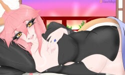 bed bedroom brown_fur button_down_shirt claws fangs fate/extra fate/extra_ccc fate/grand_order fate_(series) fox_ears fox_girl fox_tail kitsune kitsune_no_shujin large_breasts patreon patreon_username pink_hair pregnant self_upload shirt_only slit_pupils tamamo_no_mae_(fate) wedding_ring wholesome yellow_eyes