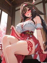 (titancore) ai_generated animal_ears animal_humanoid animal_tail big_breasts blushing brown_hair cherry_blossoms_trees curvy_figure cute_girl female girl leg_tattoo long_hair maiden_clothing monster_girl my_lady naughty_face naughty_girl red_eyes seductive_look shrine_maiden teasing_viewer temple thick_thighs thiren video_game_character ye_shunguang zenless_zone_zero