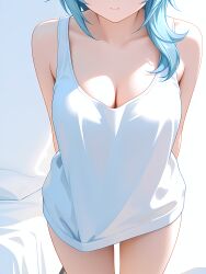1girl absurd_res absurdres ai-created ai-generated ai_art ai_generated arms_behind_back artist_name athletic_female bare_arms bare_shoulders blue_hair blush boobs breasts bust chest cleavage closed_mouth collarbone cowboy_shot eula_(genshin_impact) female fit_female genshin_impact gumtoof head_out_of_frame hi_res high_quality high_resolution large_breasts medium_hair morning patreon shirt sleeveless solo stable_diffusion tagme tank_top thighs tits uncensored white_shirt white_tank_top
